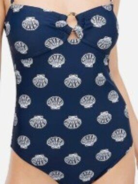 J.CREW NAVY BLUE WHITE SEASHELL TORTOISE RING BANDEAU ONE PIECE SWIMSUIT Sz M